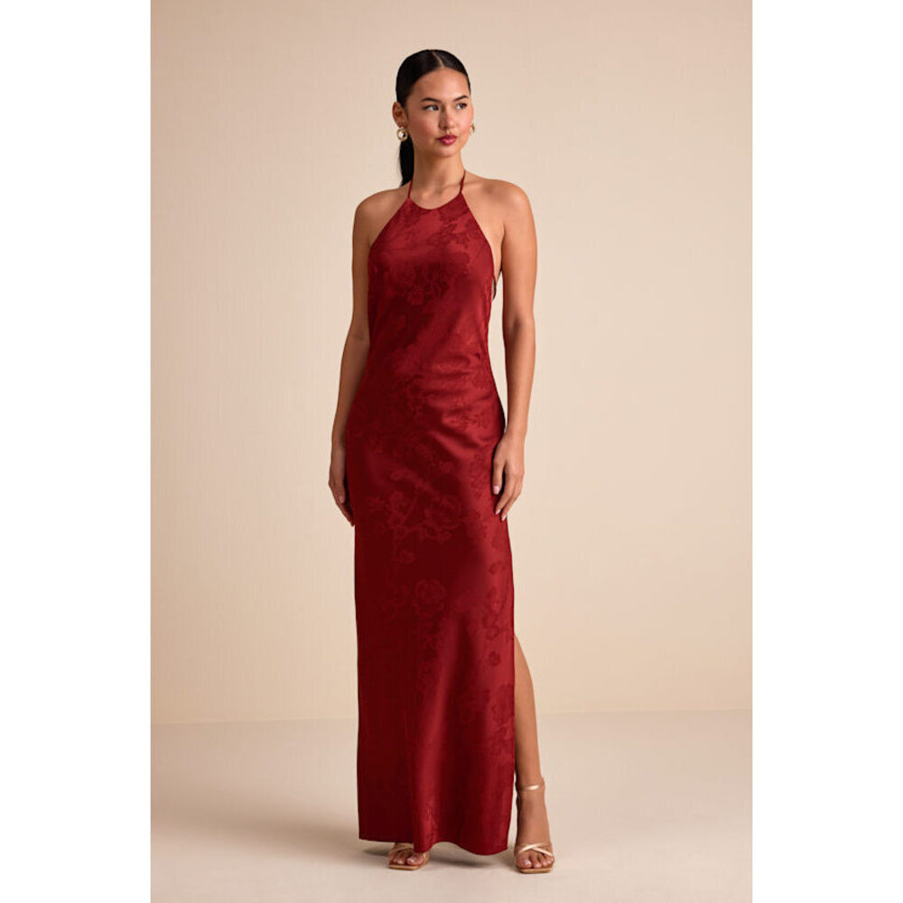 Lulus Ayura Rust Red Satin Jacquard Tie-back Halter Maxi Dress - Size S